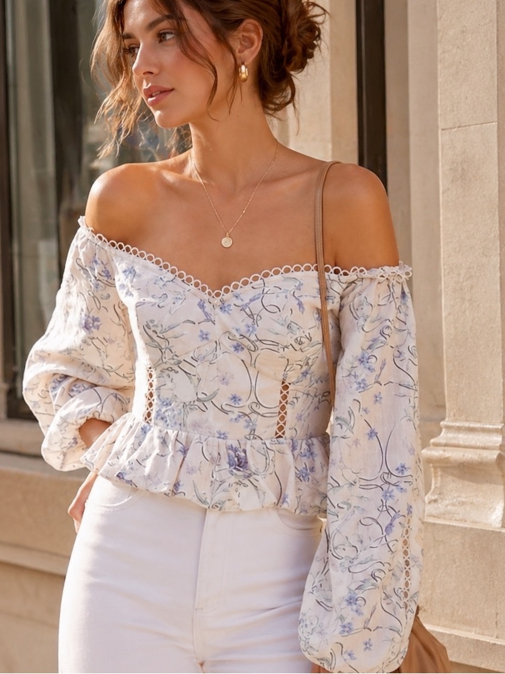 Express Cream Off-Shoulder Floral Blouse with Blue Print